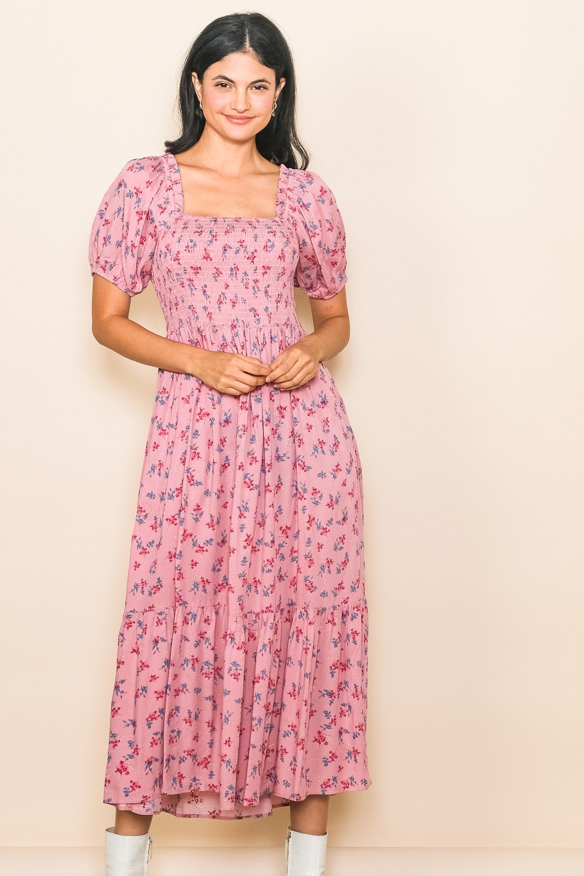 PinkBlush Pink Floral Smocked Short Sleeve Midi Dress
