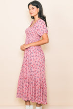 PinkBlush Pink Floral Smocked Short Sleeve Midi Dress