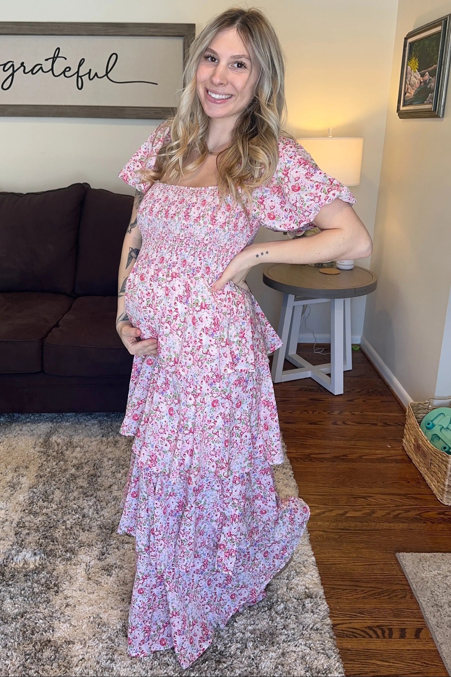 PinkBlush Pink Floral Square Neck Ruffle Layered Maternity Maxi Dress - 