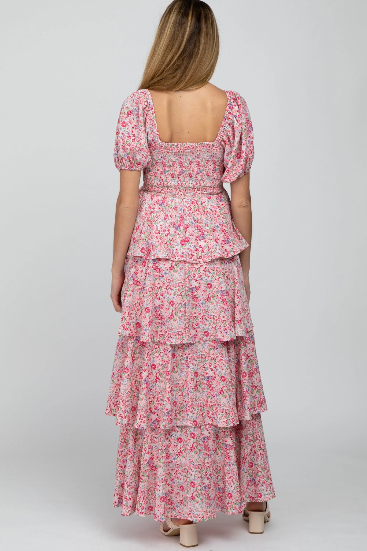 PinkBlush Pink Floral Square Neck Ruffle Layered Maternity Maxi Dress - 