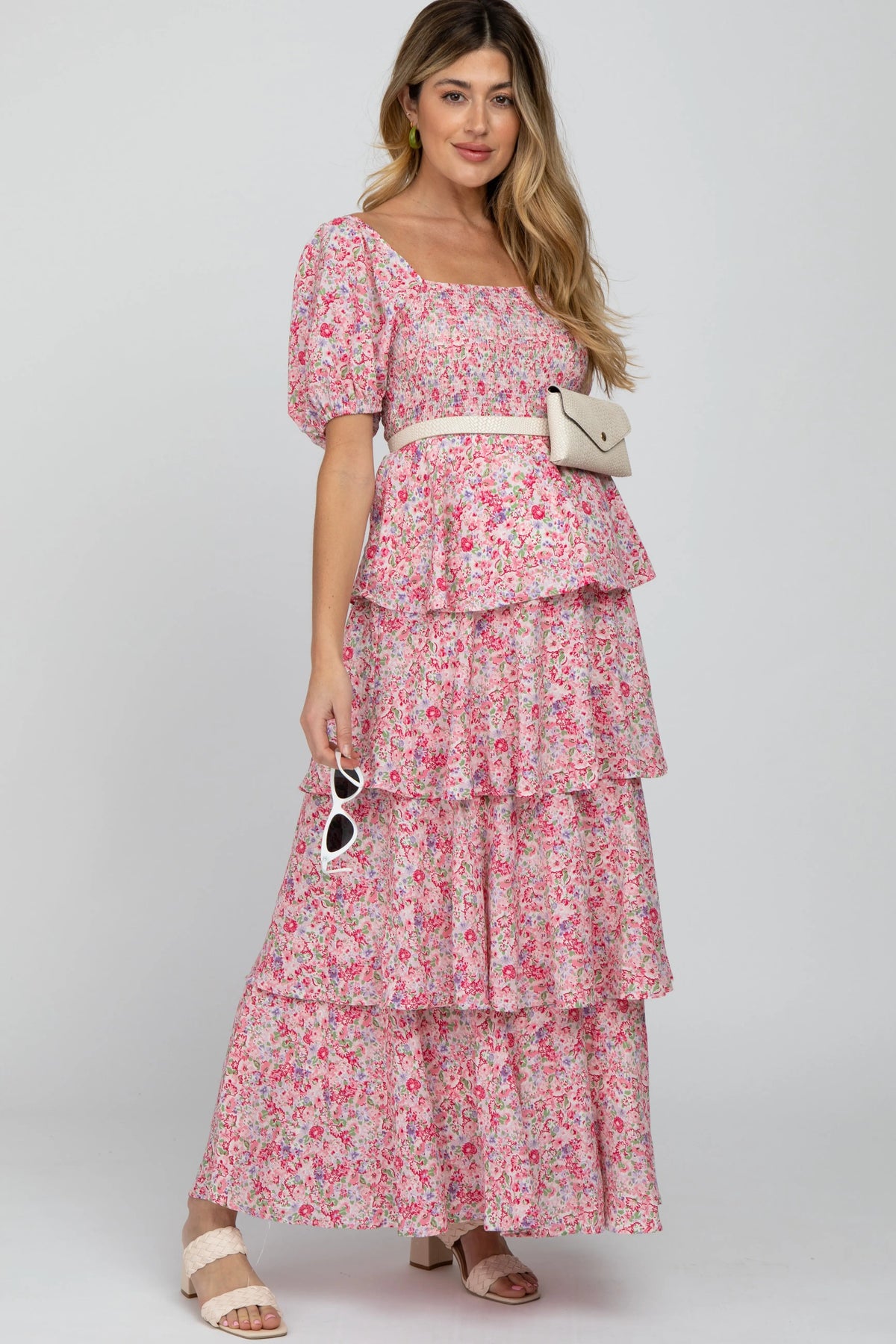 PinkBlush Pink Floral Square Neck Ruffle Layered Maternity Maxi Dress - 