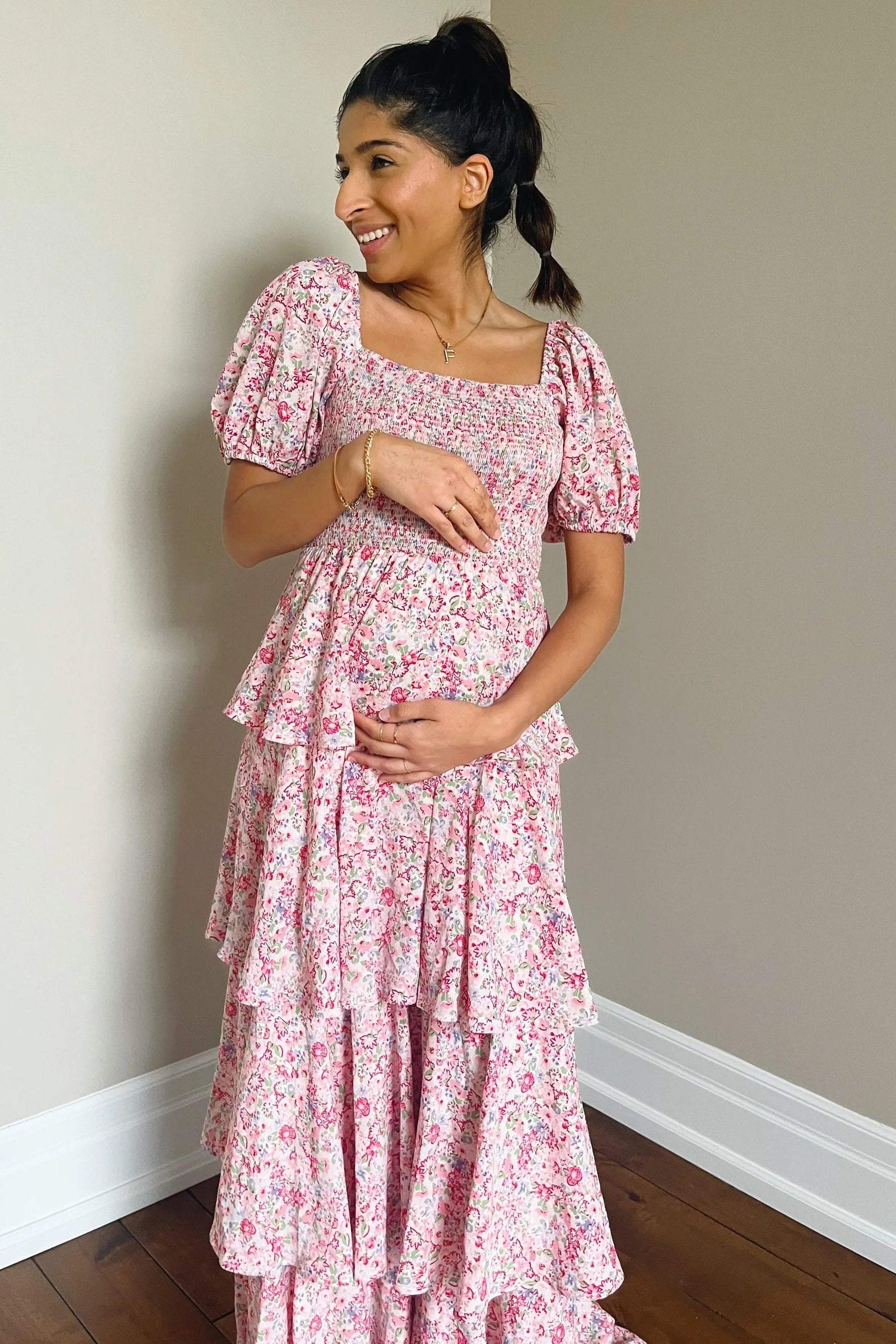 PinkBlush Pink Floral Square Neck Ruffle Layered Maternity Maxi Dress - 