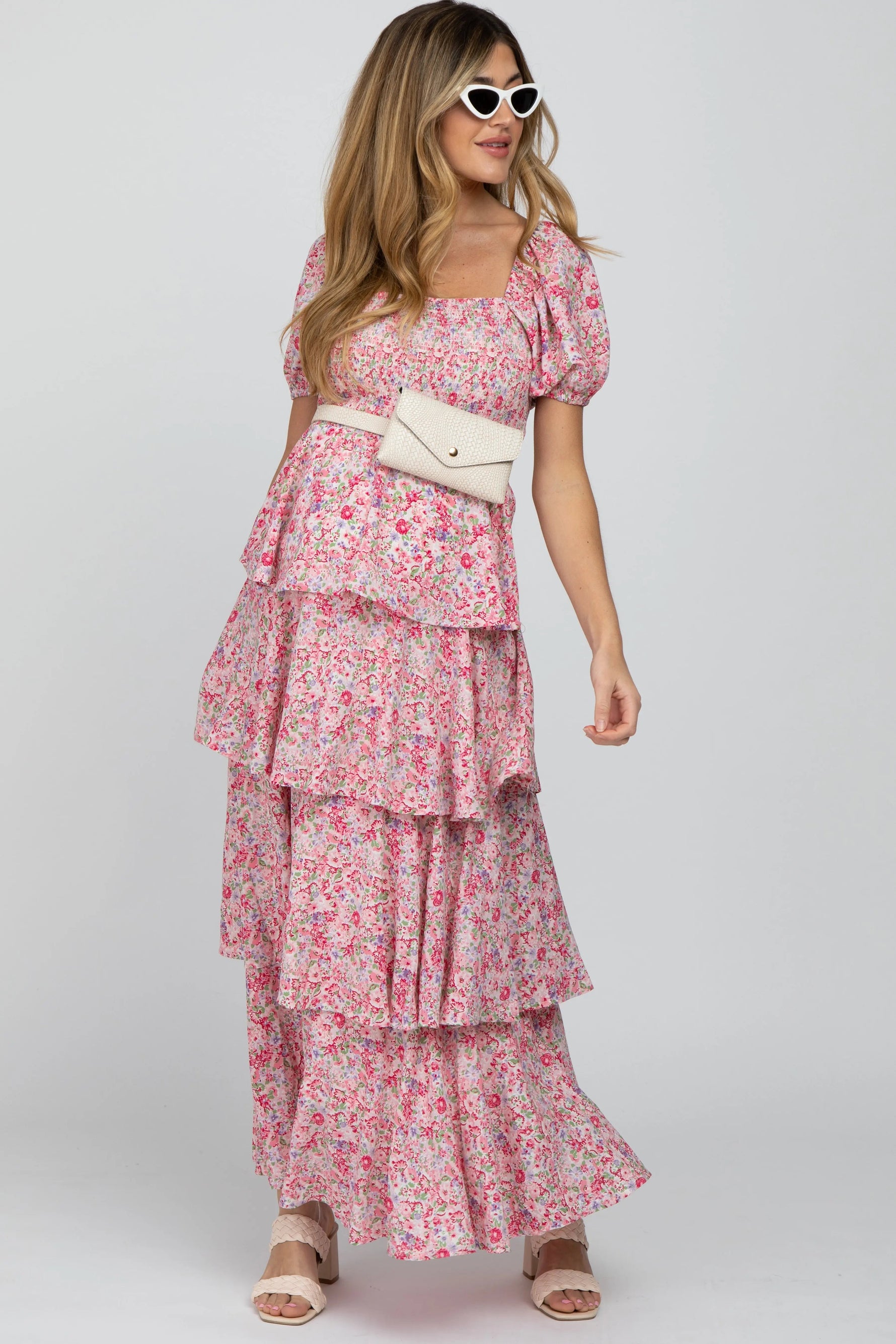PinkBlush Pink Floral Square Neck Ruffle Layered Maternity Maxi Dress - 