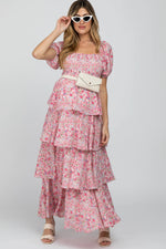 PinkBlush Pink Floral Square Neck Ruffle Layered Maternity Maxi Dress - 