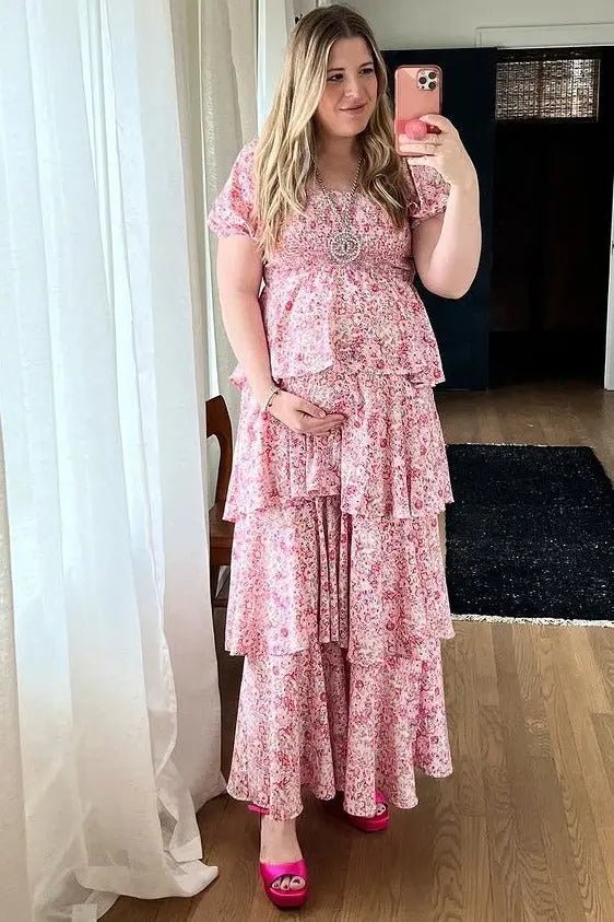 PinkBlush Pink Floral Square Neck Ruffle Layered Maternity Maxi Dress - 