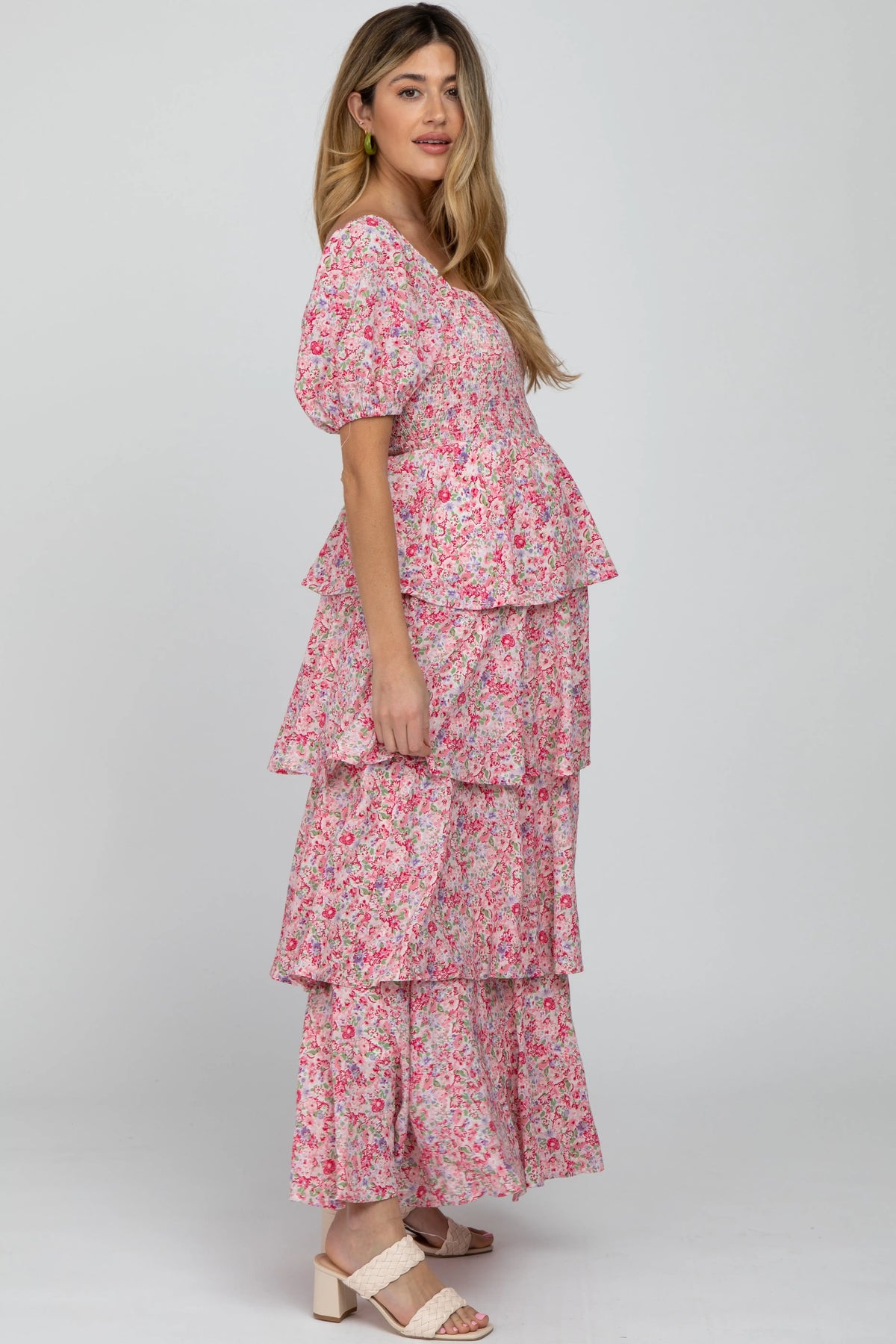 PinkBlush Pink Floral Square Neck Ruffle Layered Maternity Maxi Dress - 