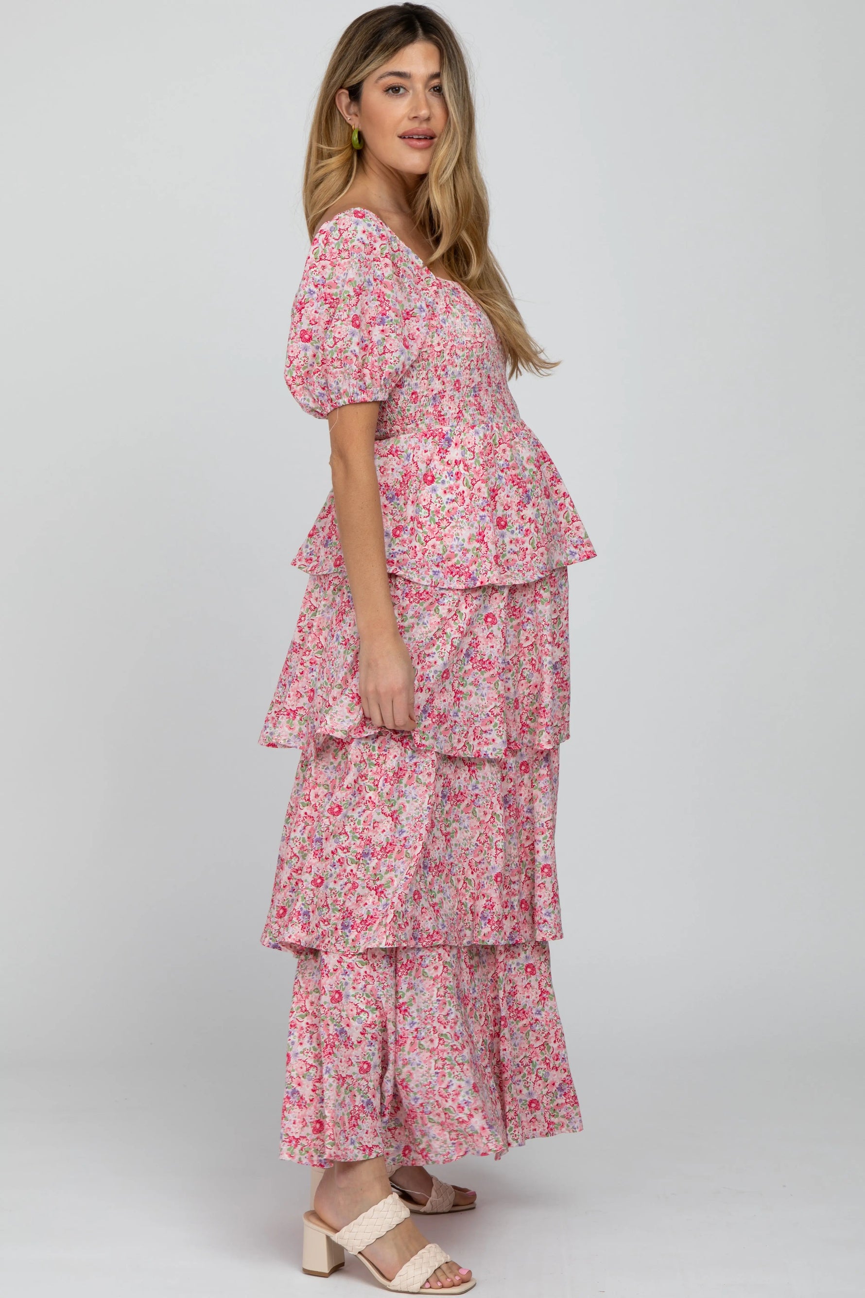 PinkBlush Pink Floral Square Neck Ruffle Layered Maternity Maxi Dress - 