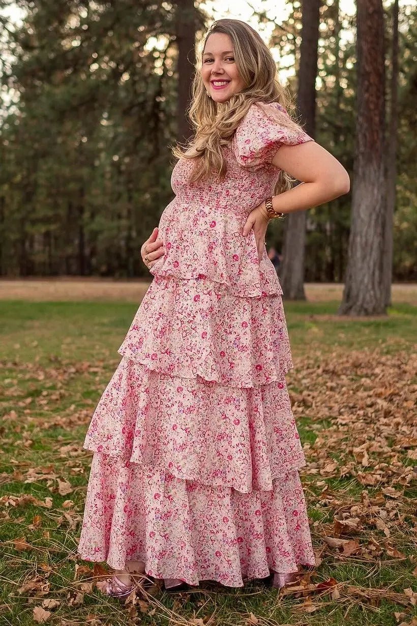 PinkBlush Pink Floral Square Neck Ruffle Layered Maternity Maxi Dress - 