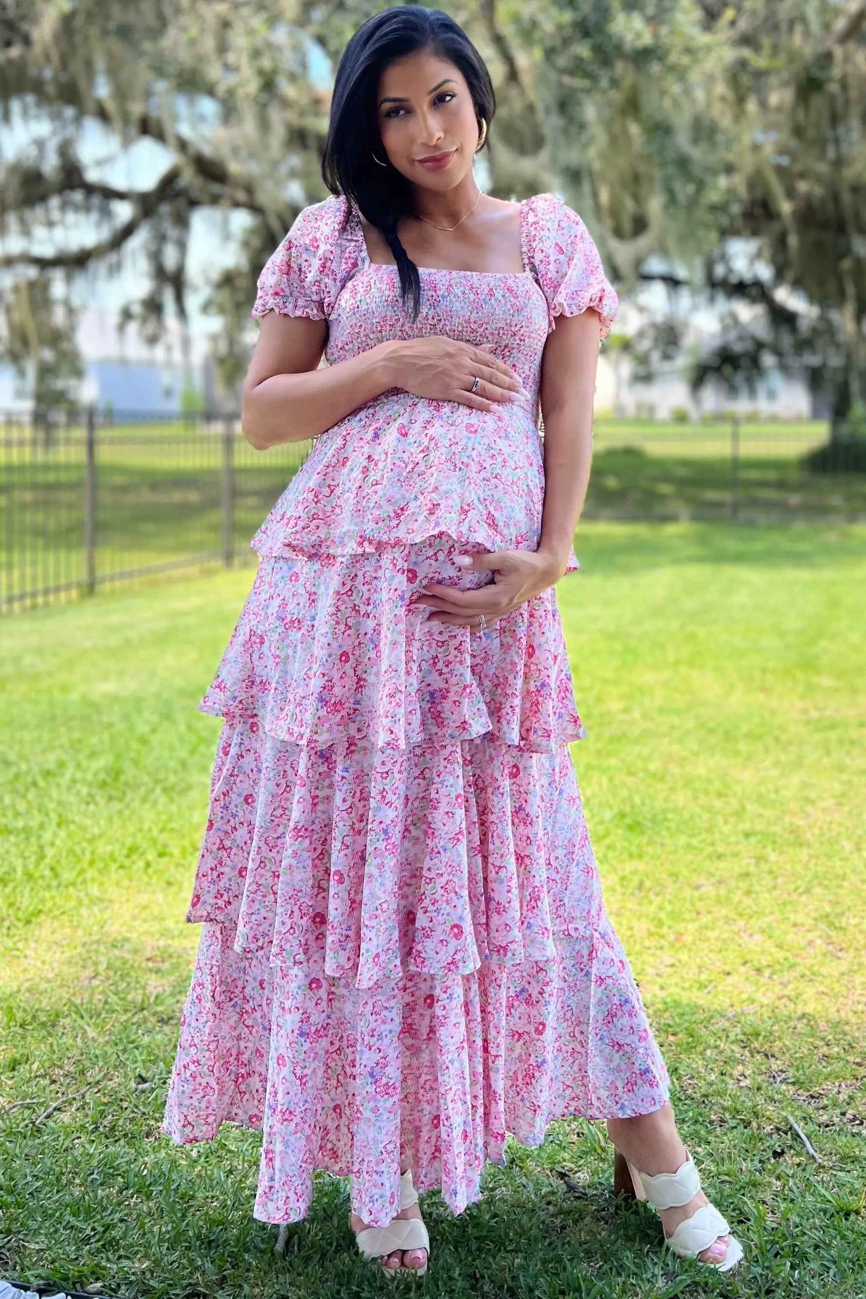 PinkBlush Pink Floral Square Neck Ruffle Layered Maternity Maxi Dress - 