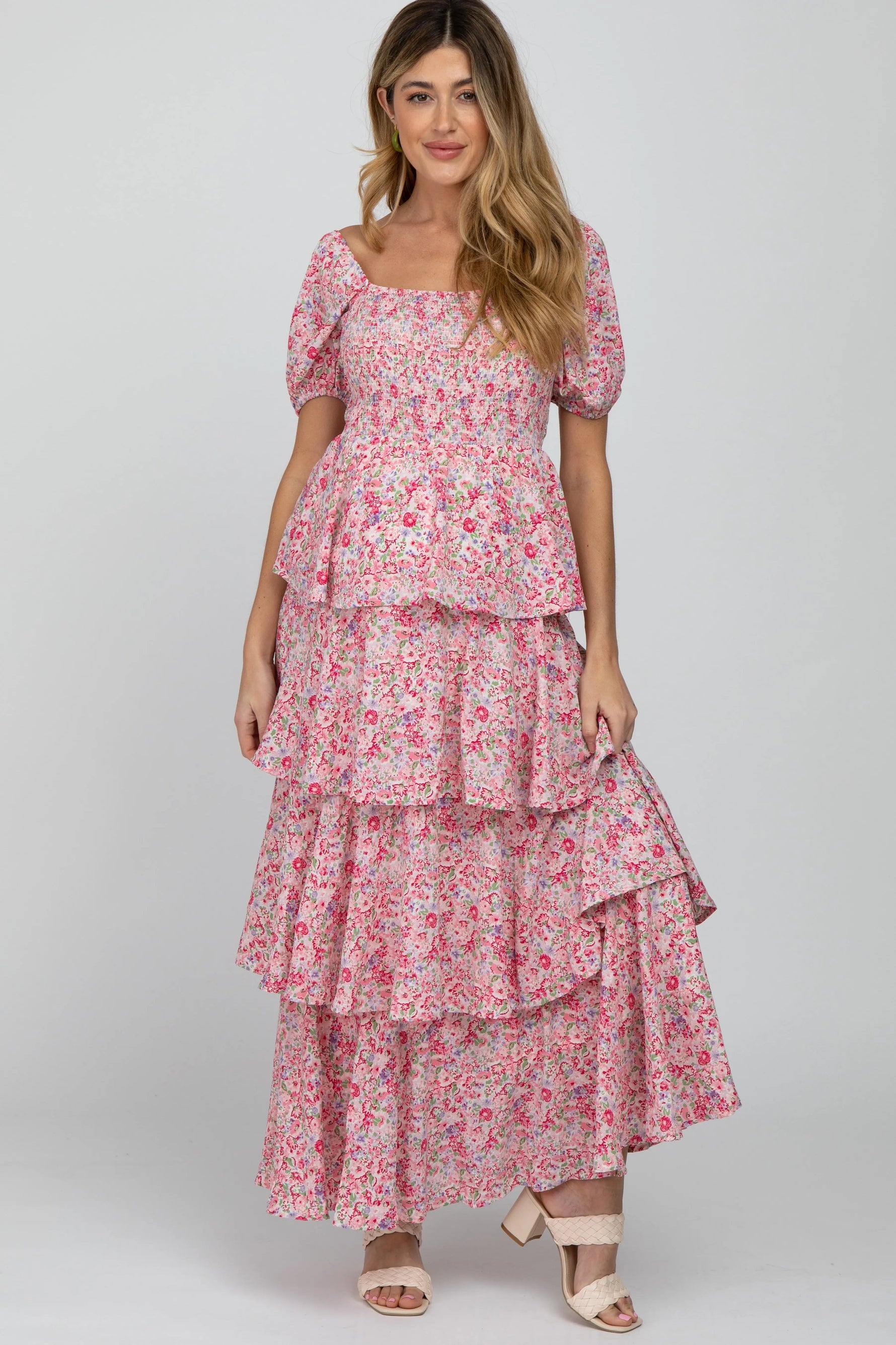 PinkBlush Pink Floral Square Neck Ruffle Layered Maternity Maxi Dress - 