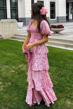 PinkBlush Pink Floral Square Neck Ruffle Layered Maxi Dress - 