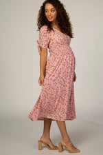PinkBlush Pink Floral Tie Sleeve Maternity Midi Dress - 