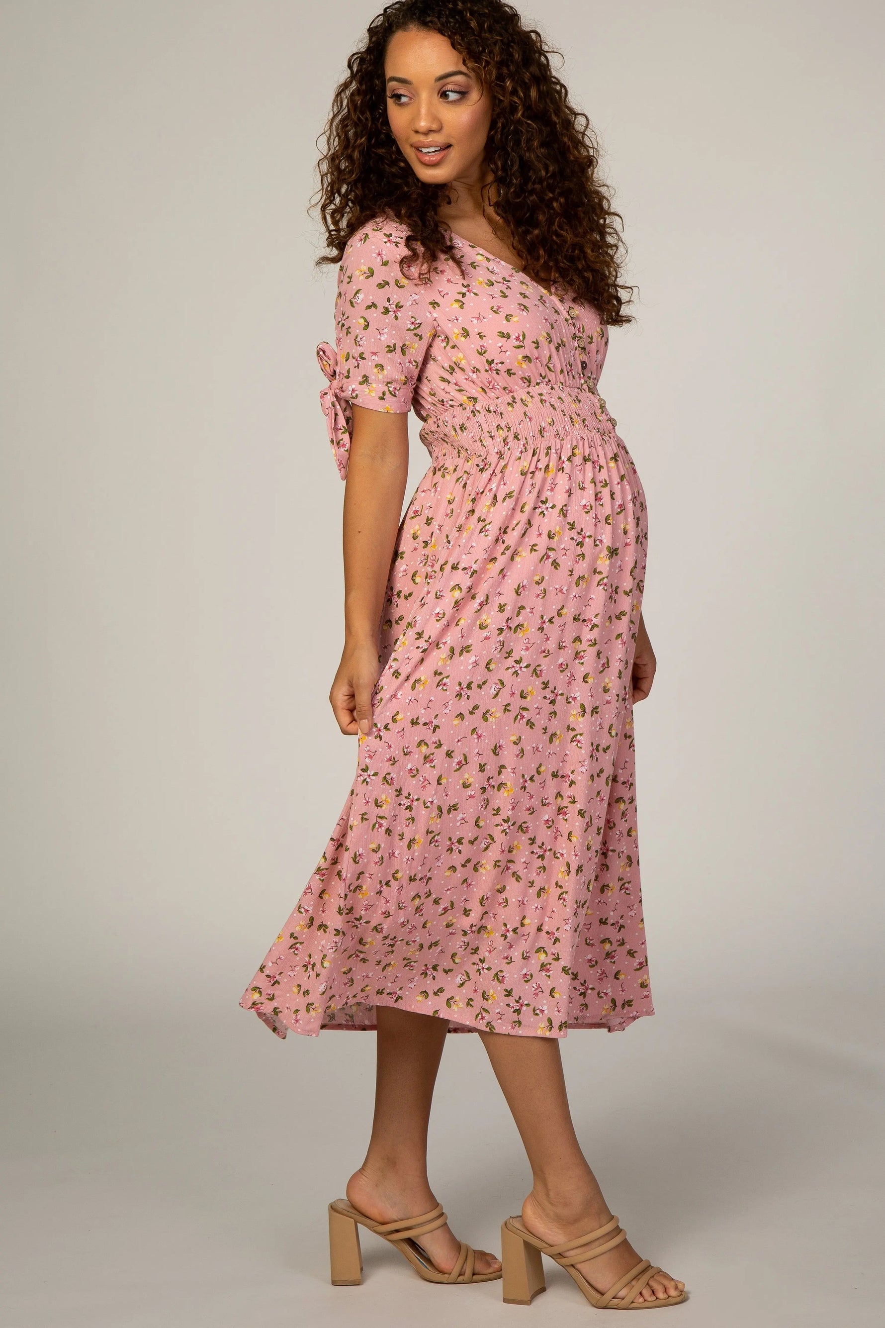 PinkBlush Pink Floral Tie Sleeve Maternity Midi Dress - 