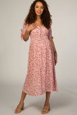 Pink Floral Tie Sleeve Maternity Midi Dress - Day Dress, Pink, One-piece garment, Nightwear, Person | Everetts Place