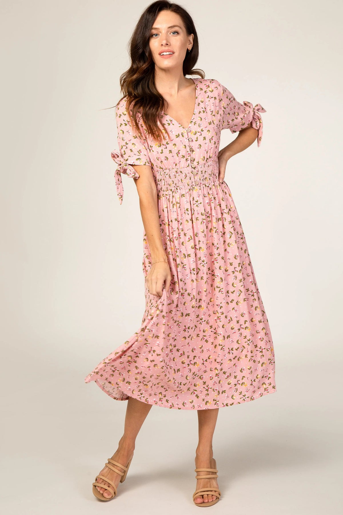 Pink Floral Tie Sleeve Midi Dress - Pink, Day Dress, One-piece garment, Dress, Person | Everetts Place