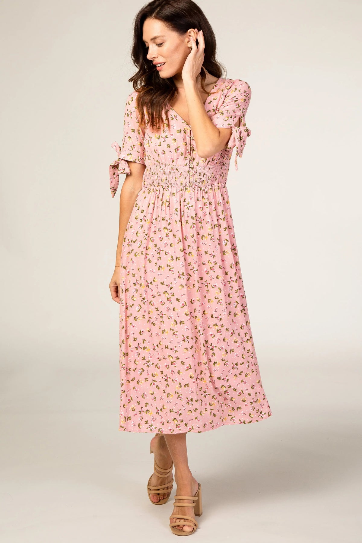 PinkBlush Pink Floral Tie Sleeve Midi Dress - 