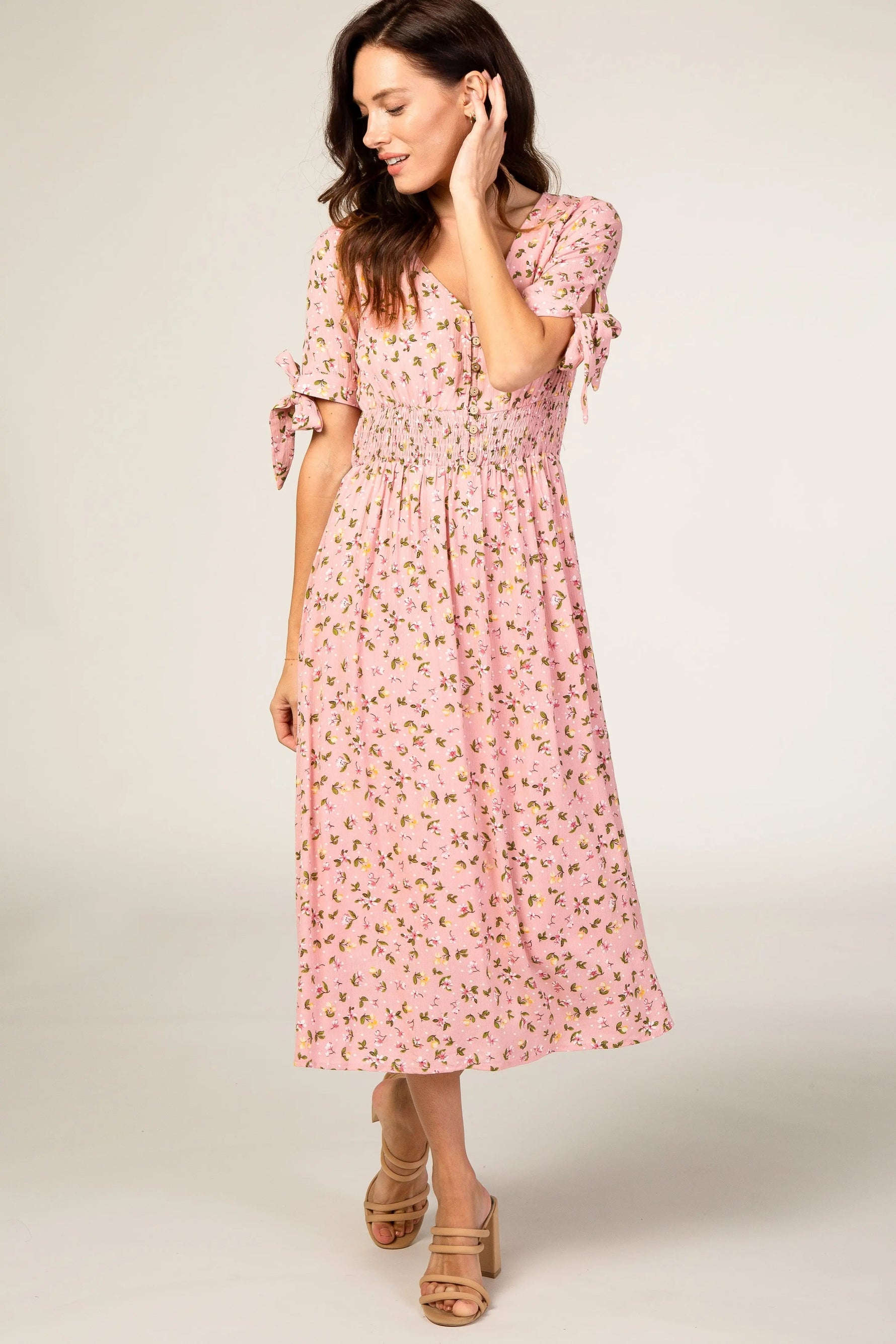 PinkBlush Pink Floral Tie Sleeve Midi Dress - 