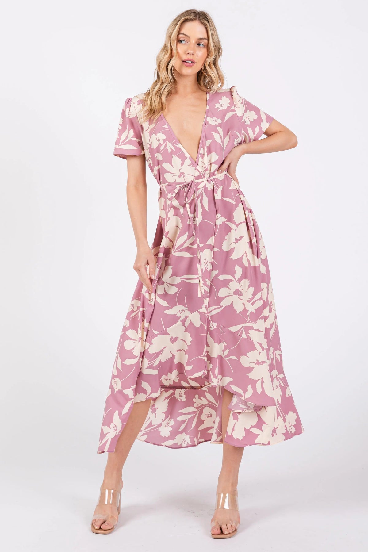 Pink Floral V Neck High Low Dress - Person, Dress, Sandal, Shoe, High heels | Everetts Place