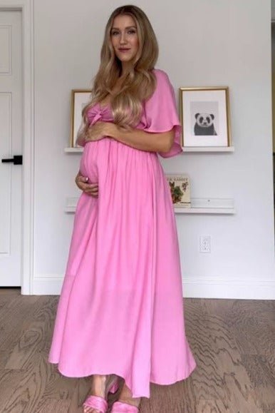 PinkBlush Pink Front Tie Ruffle Sleeve Maternity Midi Dress