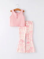 Rylee Faith Designs Pink Girls Top Bow Floral Print Bell Bottom Pants Set - Everetts Place Boutique - 