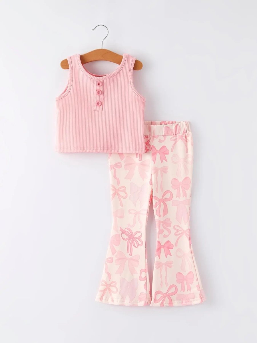 Rylee Faith Designs Pink Girls Top Bow Floral Print Bell Bottom Pants Set - Everetts Place Boutique - 