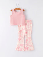 Rylee Faith Designs Pink Girls Top Bow Floral Print Bell Bottom Pants Set - Everetts Place Boutique - 
