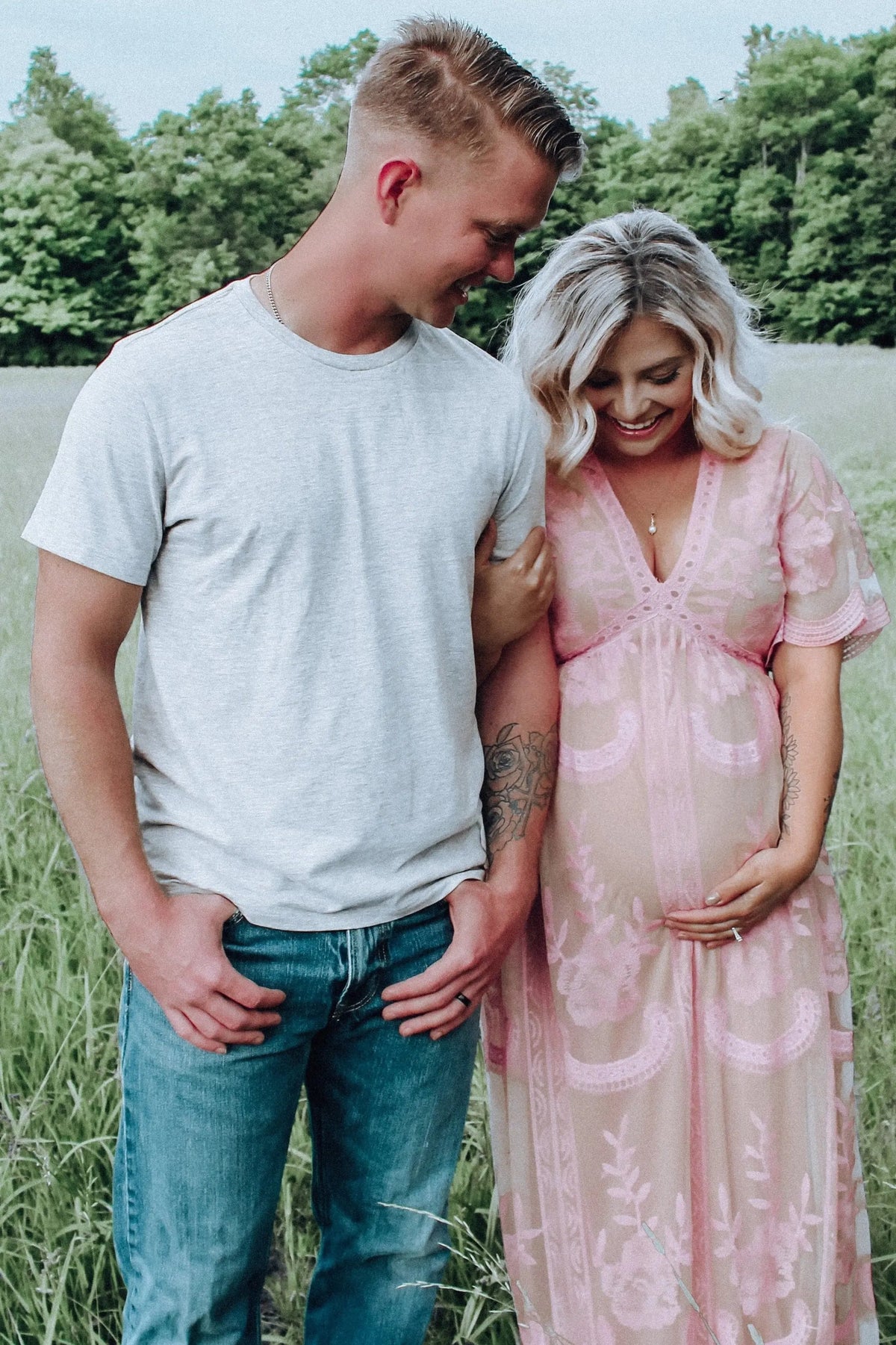 PinkBlush Pink Lace Mesh Overlay Maternity Maxi Dress - 