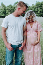 PinkBlush Pink Lace Mesh Overlay Maternity Maxi Dress - 
