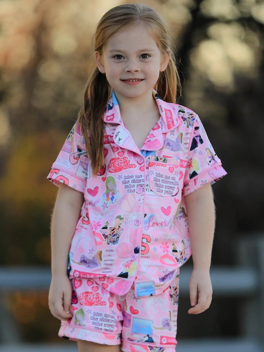 Rylee Faith Designs Pink Lapel Button Short Sleeve Shorts Pajama Set For Women - Everetts Place Boutique - 