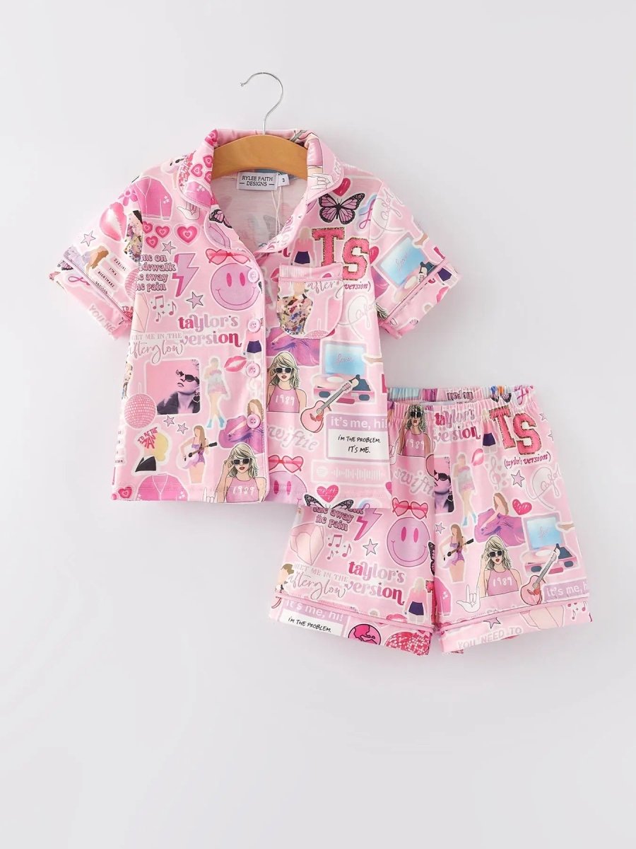Rylee Faith Designs Pink Lapel Button Short Sleeve Shorts Pajama Set For Women - Everetts Place Boutique - 