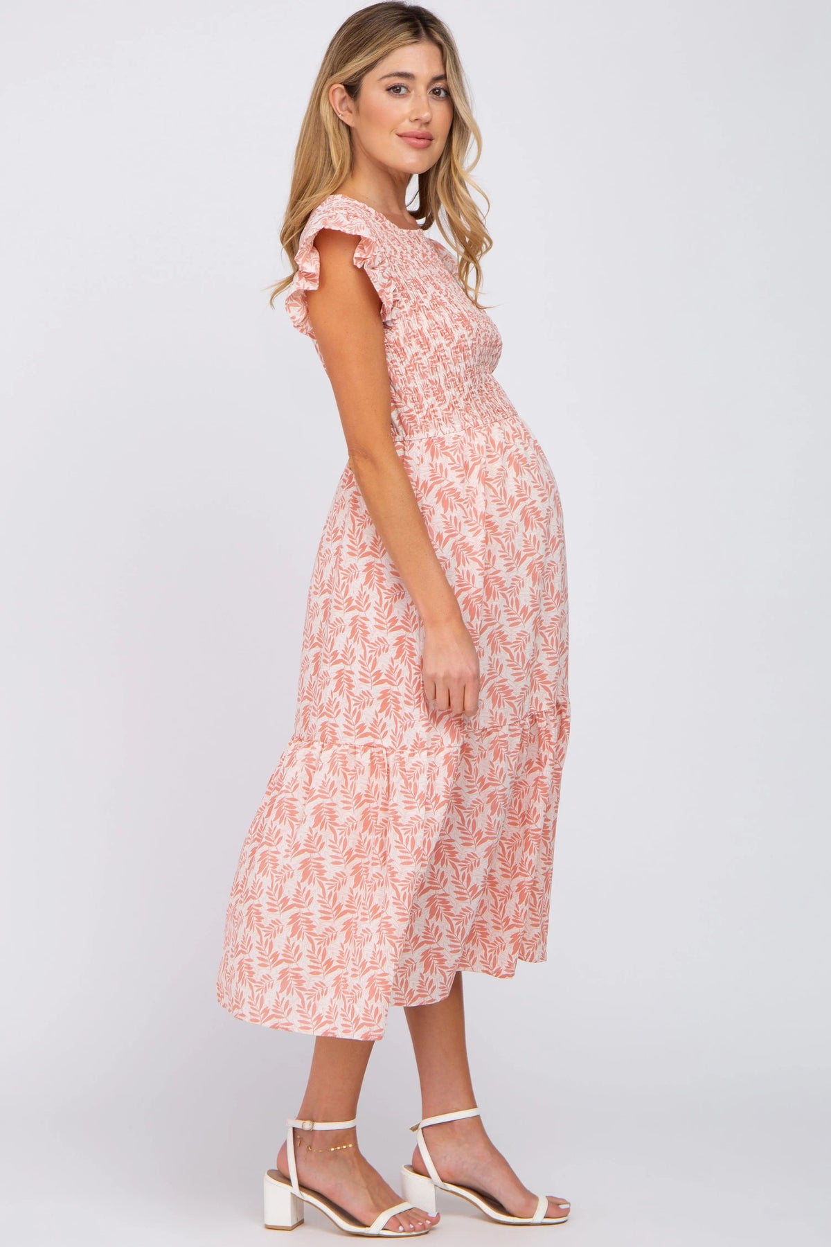 PinkBlush Pink Leaf Print Smocked Ruffle Sleeve Maternity Midi Dress - 