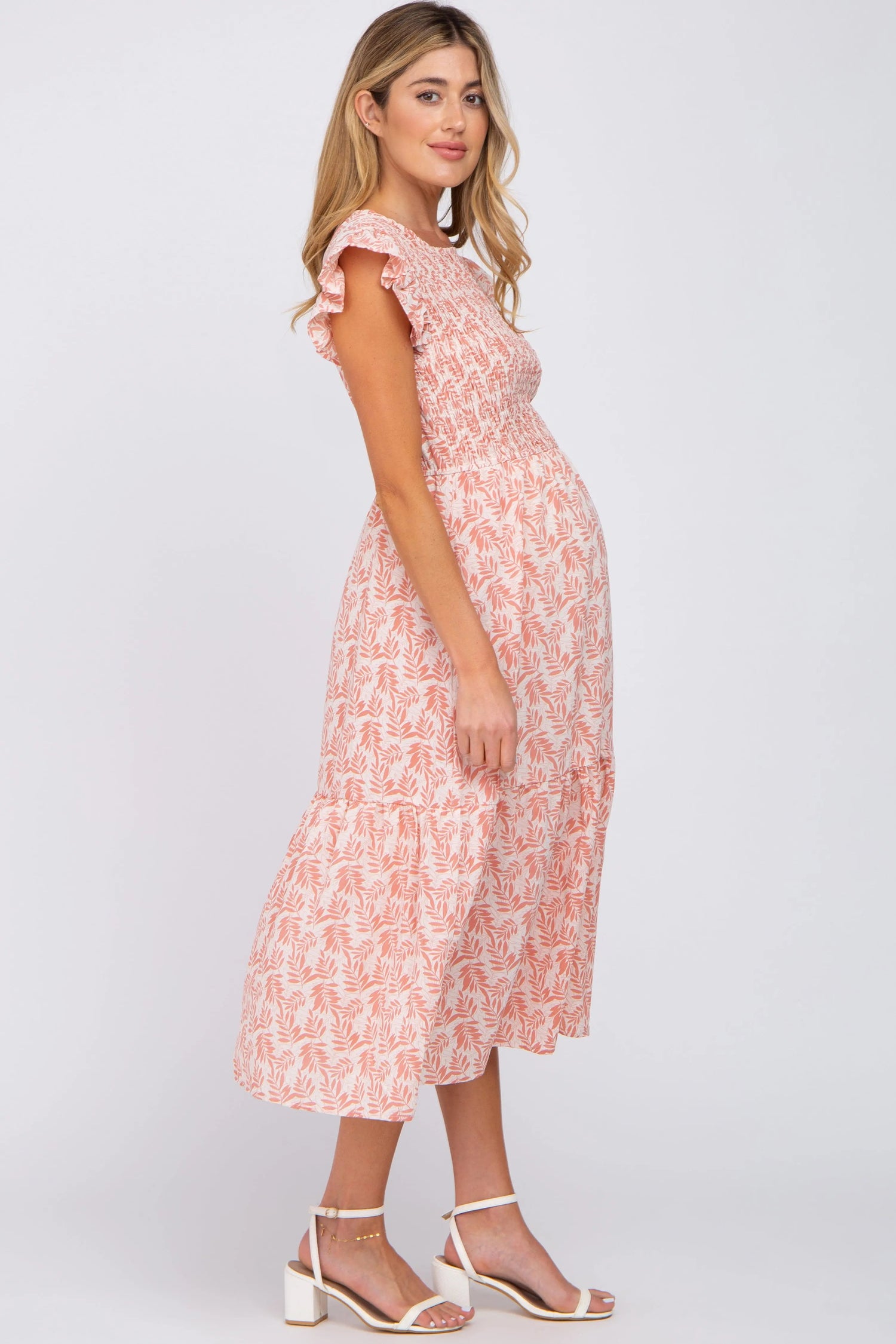 PinkBlush Pink Leaf Print Smocked Ruffle Sleeve Maternity Midi Dress - 