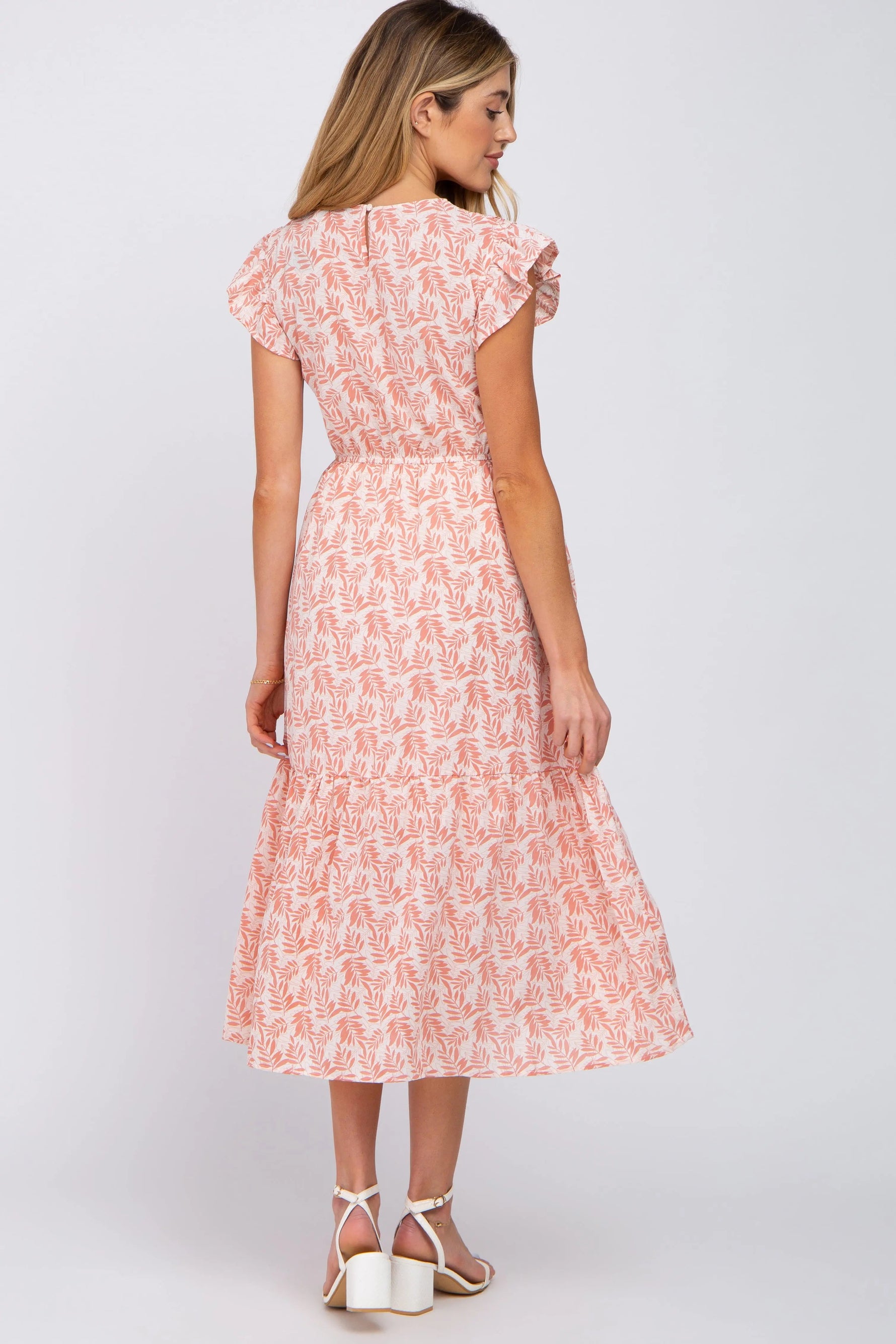 PinkBlush Pink Leaf Print Smocked Ruffle Sleeve Maternity Midi Dress - 