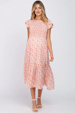 PinkBlush Pink Leaf Print Smocked Ruffle Sleeve Maternity Midi Dress - 