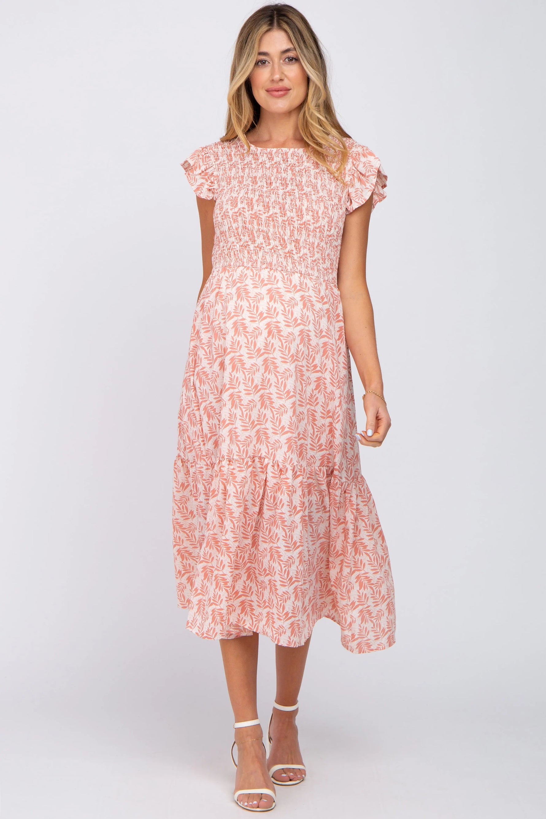 PinkBlush Pink Leaf Print Smocked Ruffle Sleeve Maternity Midi Dress - 