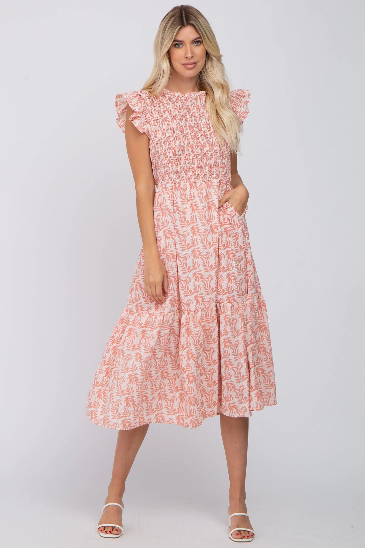 PinkBlush Pink Leaf Print Smocked Ruffle Sleeve Maternity Midi Dress - 