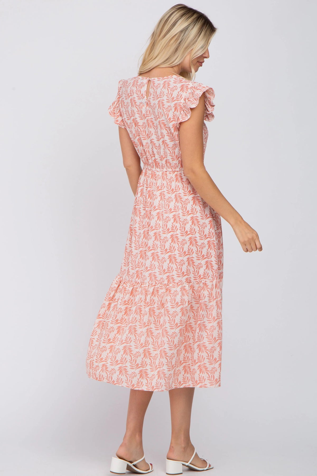 PinkBlush Pink Leaf Print Smocked Ruffle Sleeve Midi Dress - 