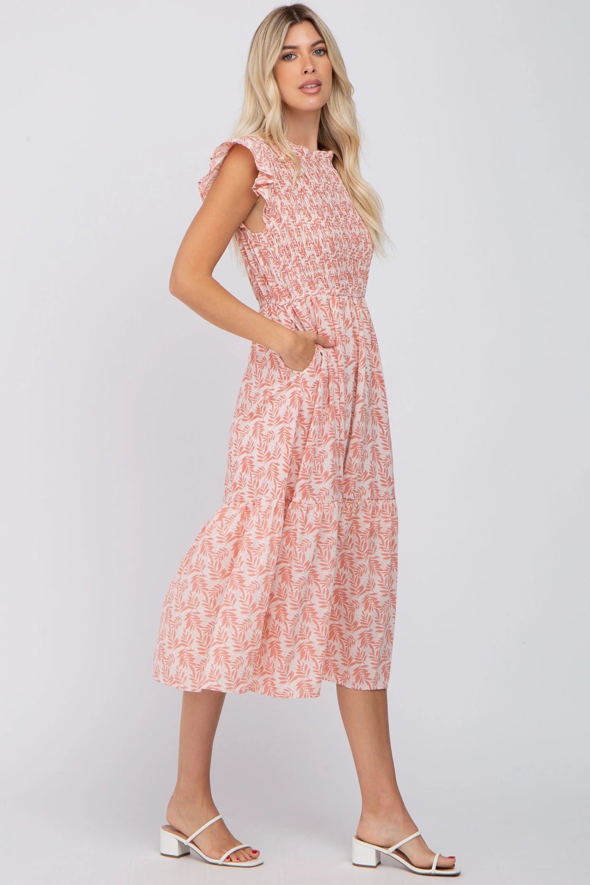 PinkBlush Pink Leaf Print Smocked Ruffle Sleeve Midi Dress - 
