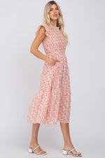 PinkBlush Pink Leaf Print Smocked Ruffle Sleeve Midi Dress - 