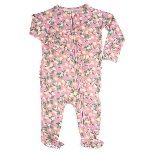 Pink Lemon Floral Print Ruffle Footie for Baby Girls Sweet Bamboo