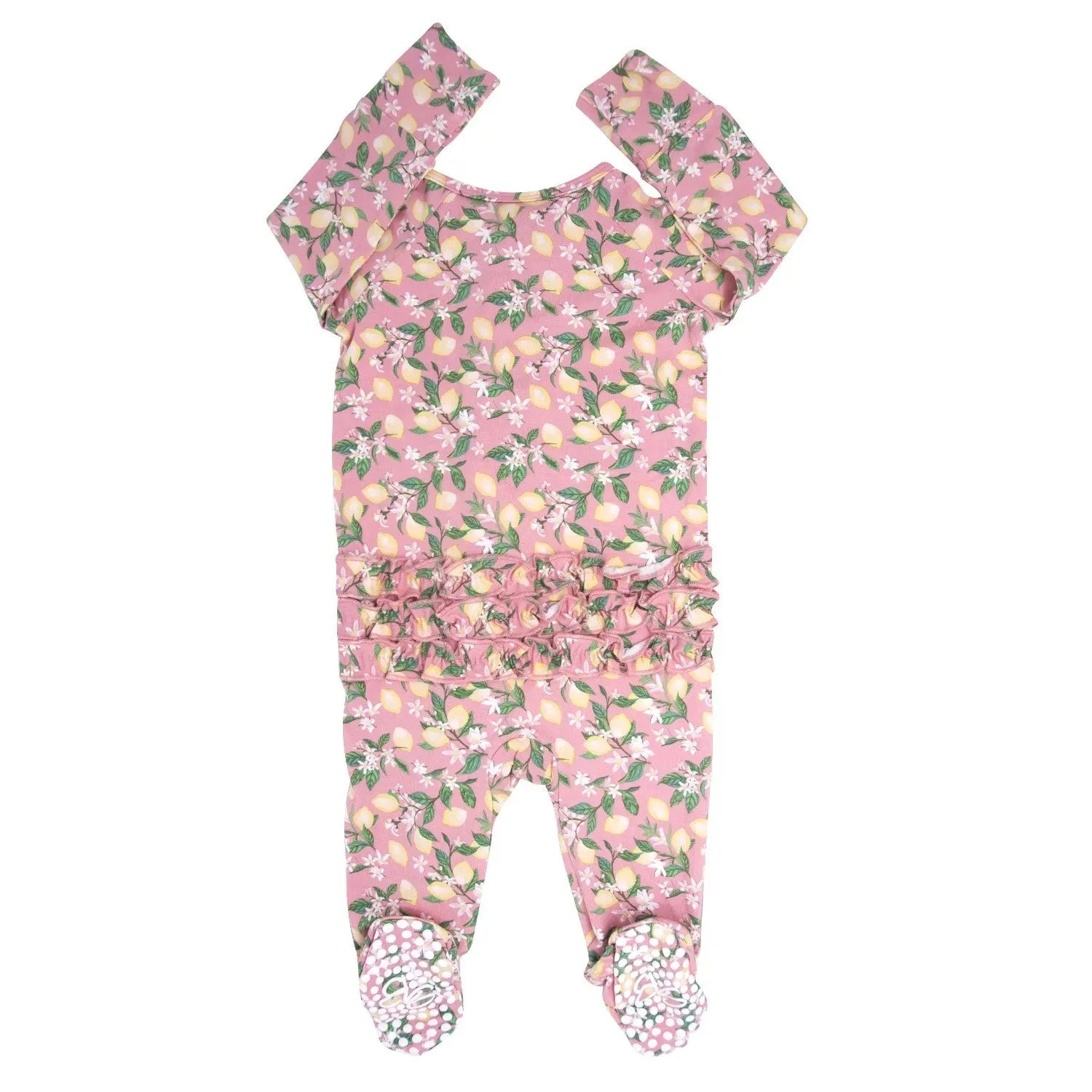 Pink Lemon Floral Print Ruffle Footie for Baby Girls Sweet Bamboo