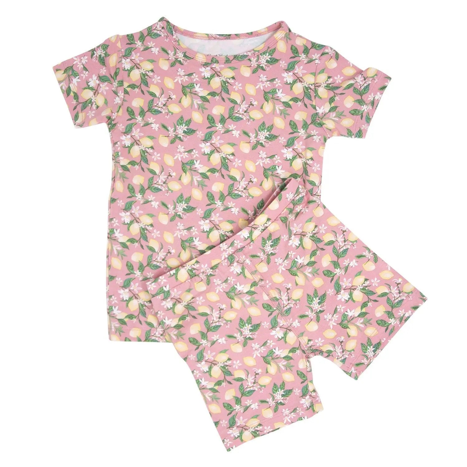 Pink Lemon Floral Print Summer Pajama Set for Kids Sweet Bamboo