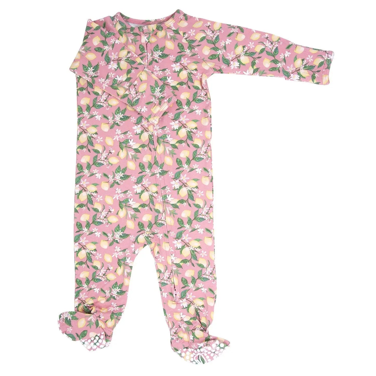 Pink Lemon Floral Print Zipper Footie with Silicone Grips and Fold Over Cuffs Sweet Bamboo