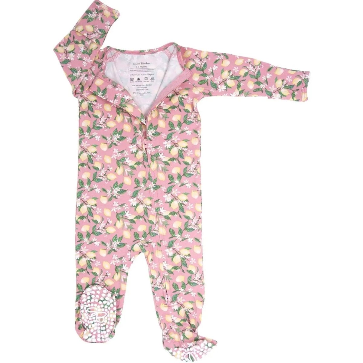 Sweet Bamboo Pink Lemon Floral Print Zipper Footie with Silicone Grips for Baby Girls - 