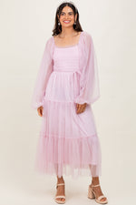 PinkBlush Pink Mesh Tiered Long Sleeve Maternity Maxi Dress