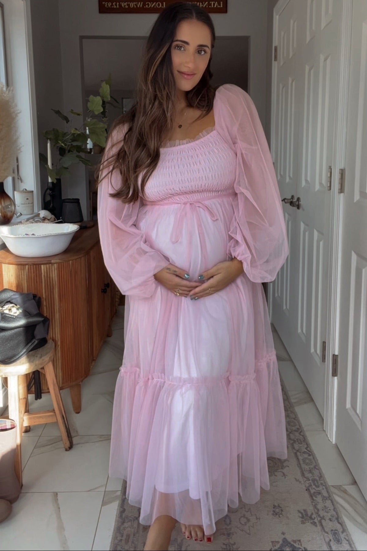 PinkBlush Pink Mesh Tiered Long Sleeve Maternity Maxi Dress