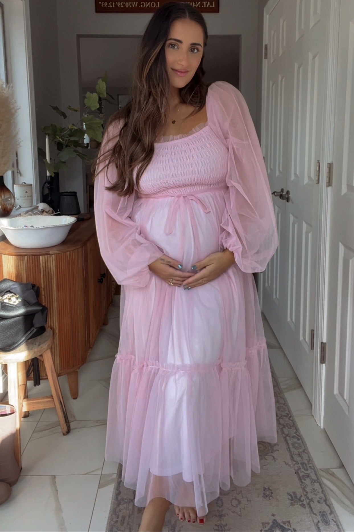PinkBlush Pink Mesh Tiered Long Sleeve Maternity Maxi Dress