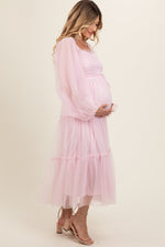 PinkBlush Pink Mesh Tiered Long Sleeve Maternity Maxi Dress