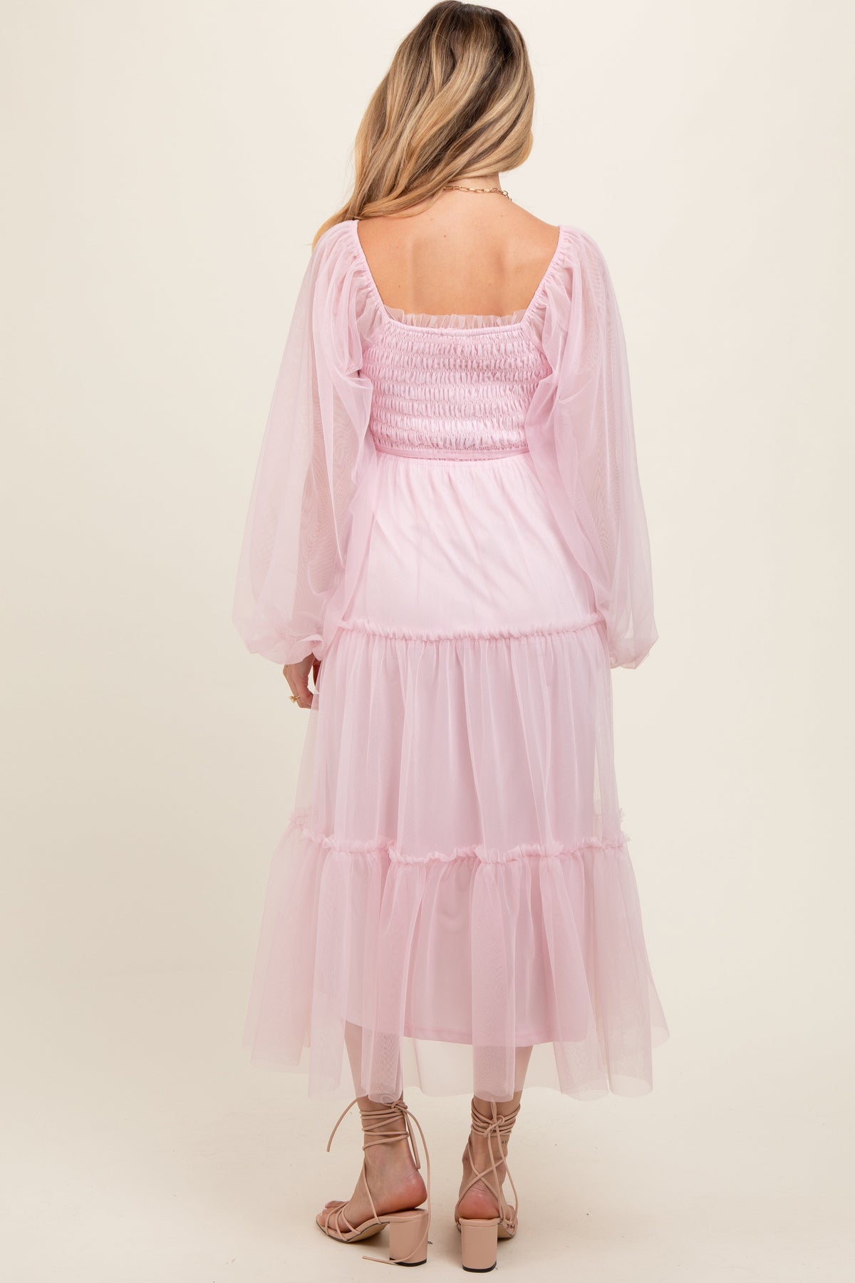 PinkBlush Pink Mesh Tiered Long Sleeve Maternity Maxi Dress