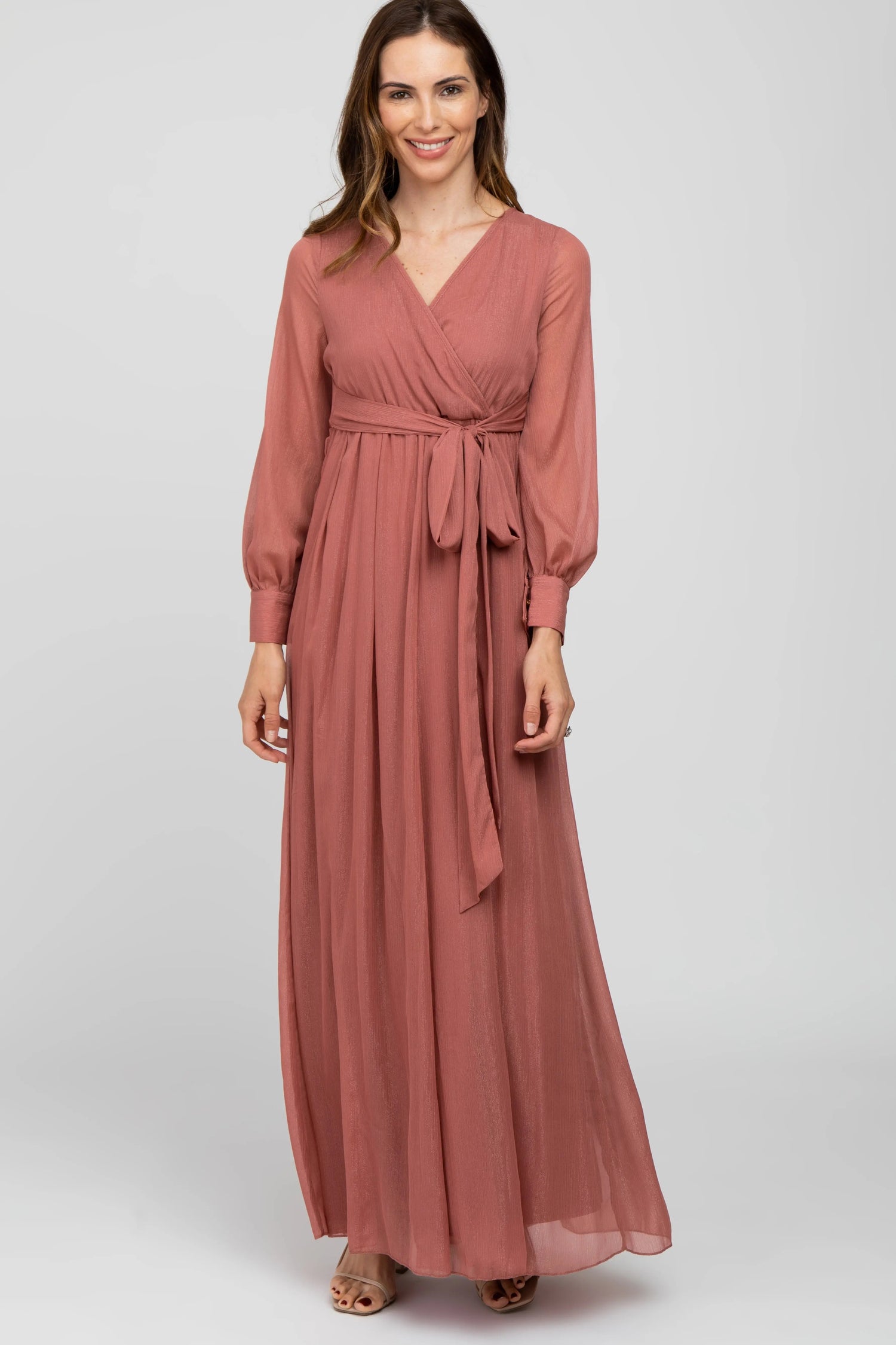 Pink Metallic Chiffon Maxi Dress - Sleeve, Dress, Formal wear, Gown, Fashion | Everetts Place